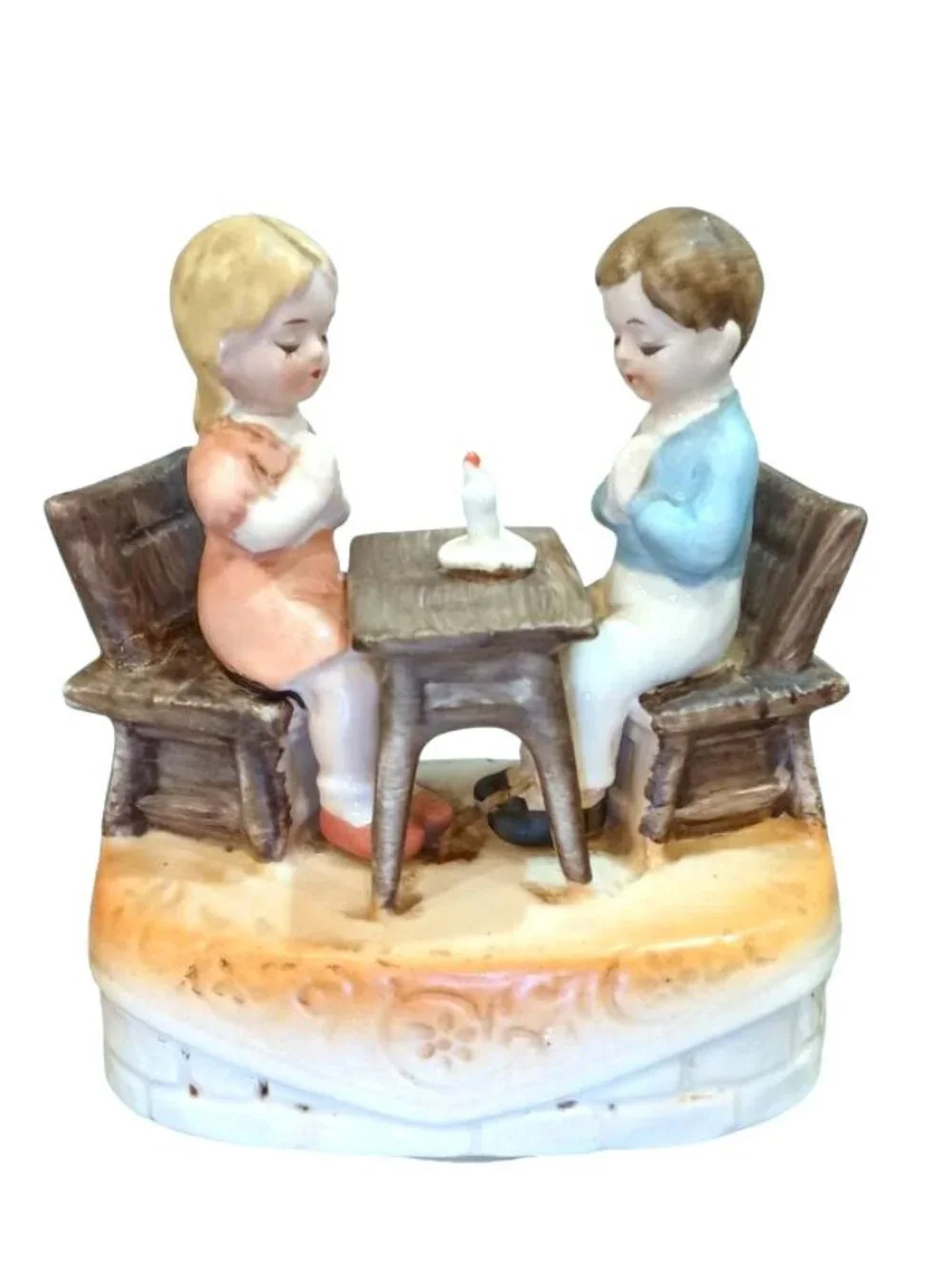 RARE Vintage Sankyo Boy Girl Praying W CAP Porcelain Music Box Bless This House